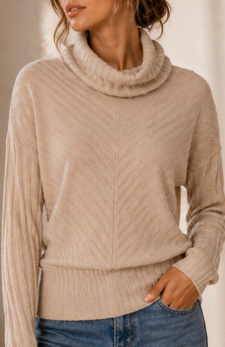 Parallel Skies Women’s Medium Beige Cowl Neck Ribbed Knit Sweater Pullover New